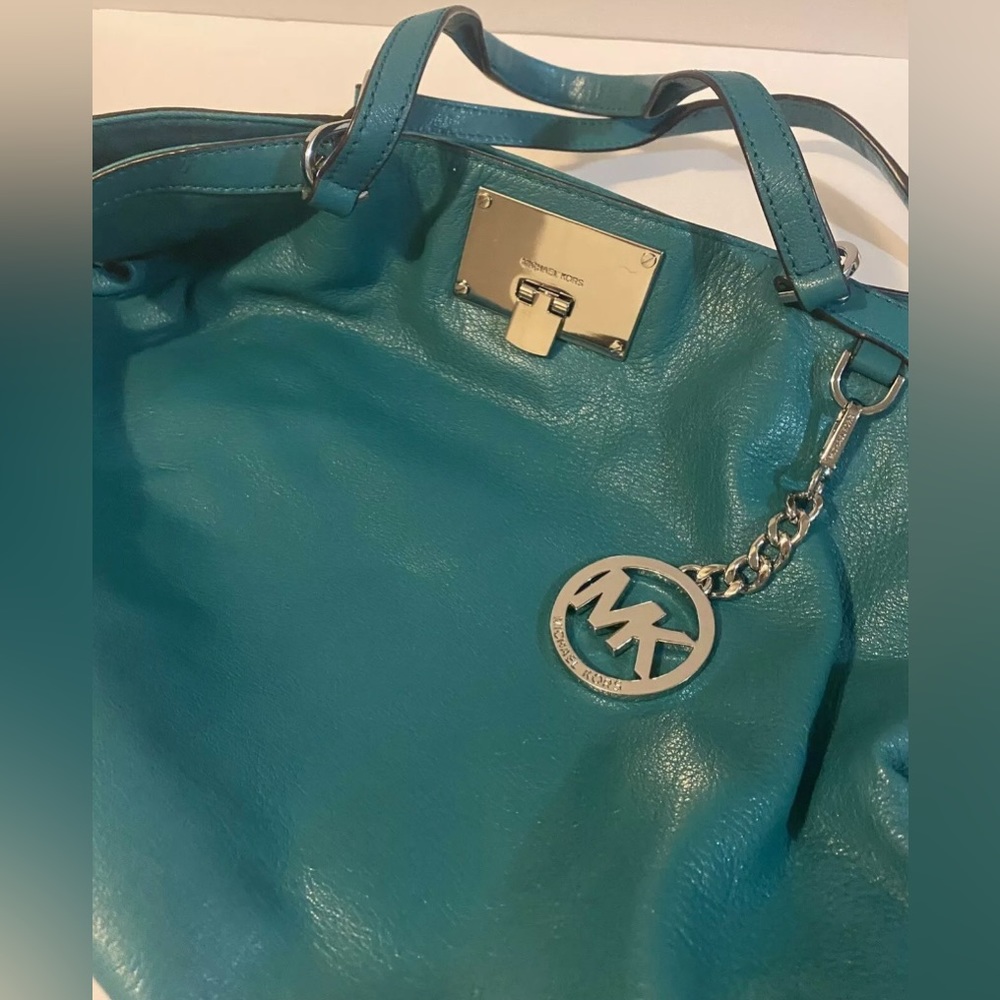 Michael Kors Channing Aqua Green Soft Leather Silver Chain MK Logo Hardware Tote - Picture 3 of 14